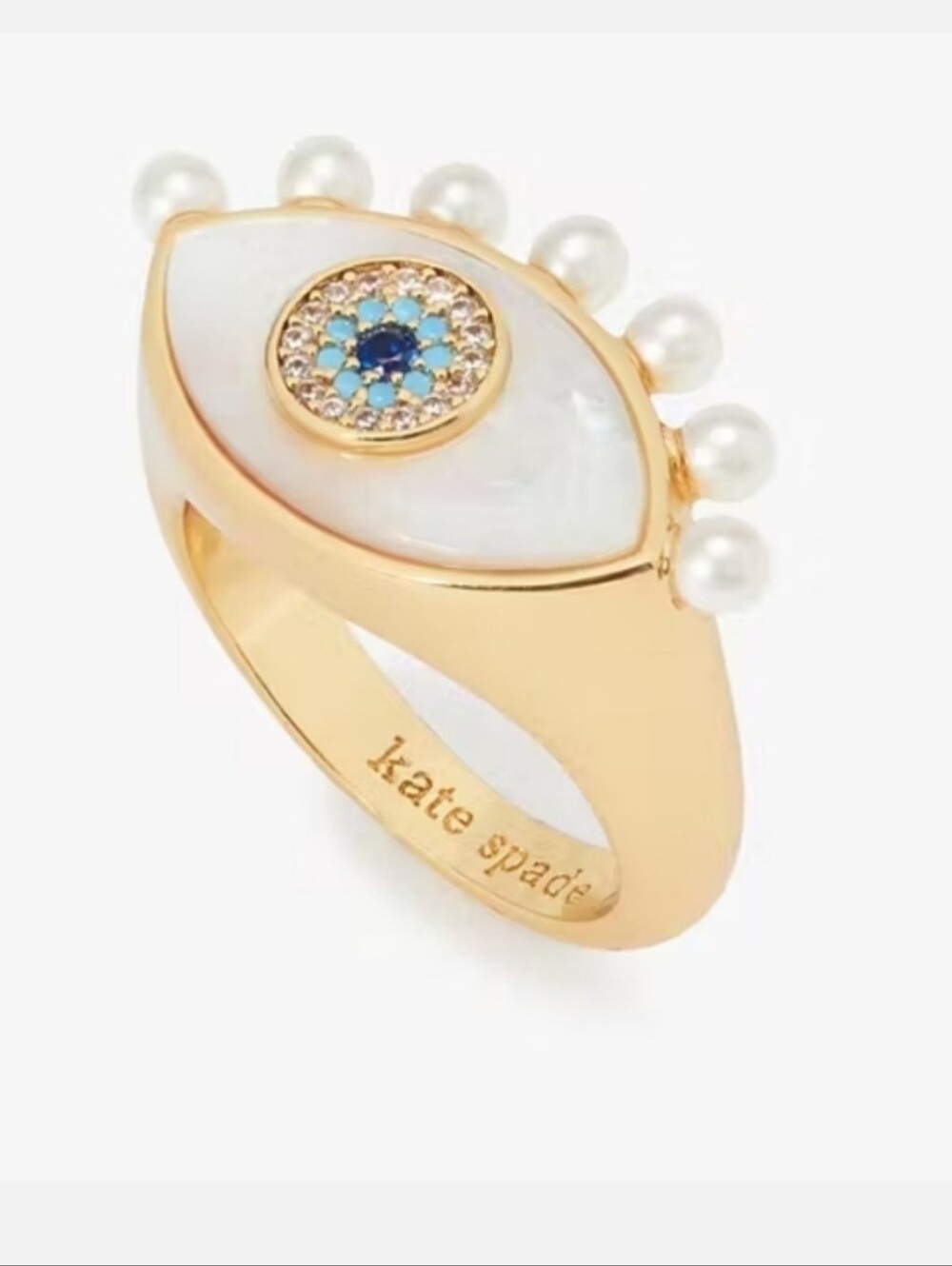 kate spade Gold-Tone Mother-of-Pearl Pearl & Blue Crystal Evil Eye Ring